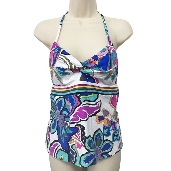 Pretty Trina Turk tankini swimwear top colourful Abstract Floral Print halter - Picture 3 of 8